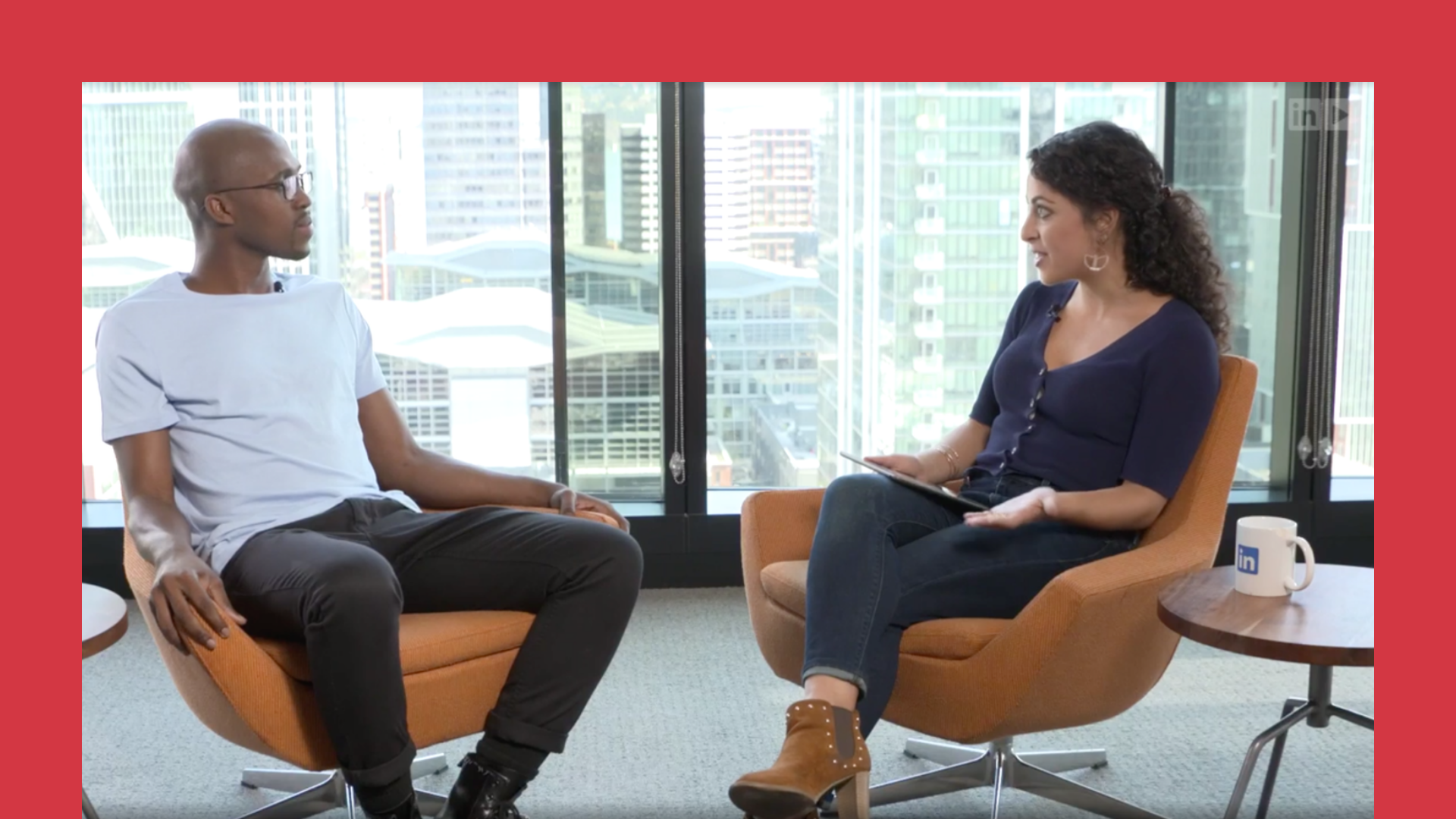Two LinkedIn employees talking on a weekly livestream Two LinkedIn employees talking on a weekly livestream