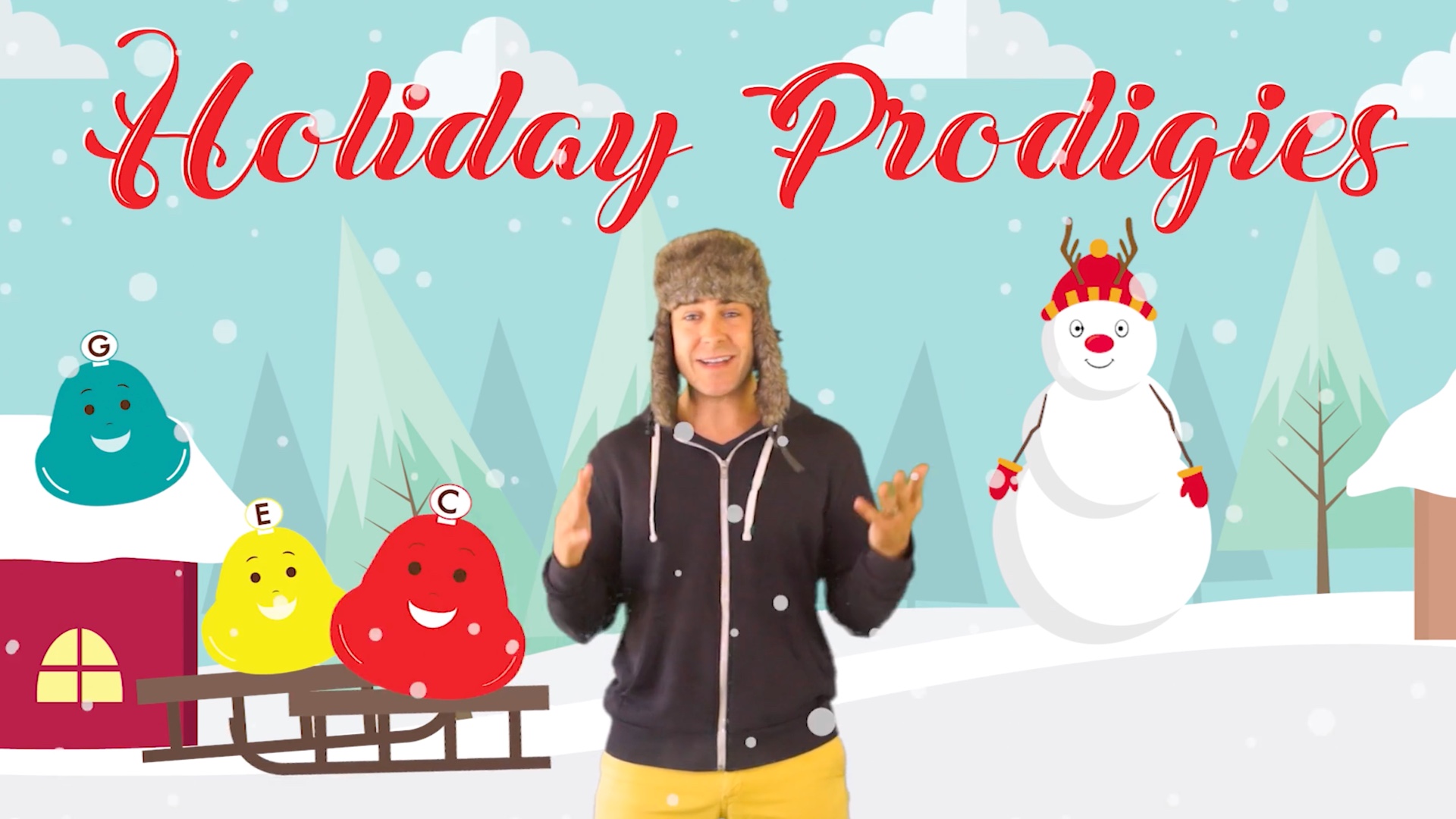 An image of a Prodigies Music promotion video, with music instructor Rob Young in an illustrated snowy landscape.