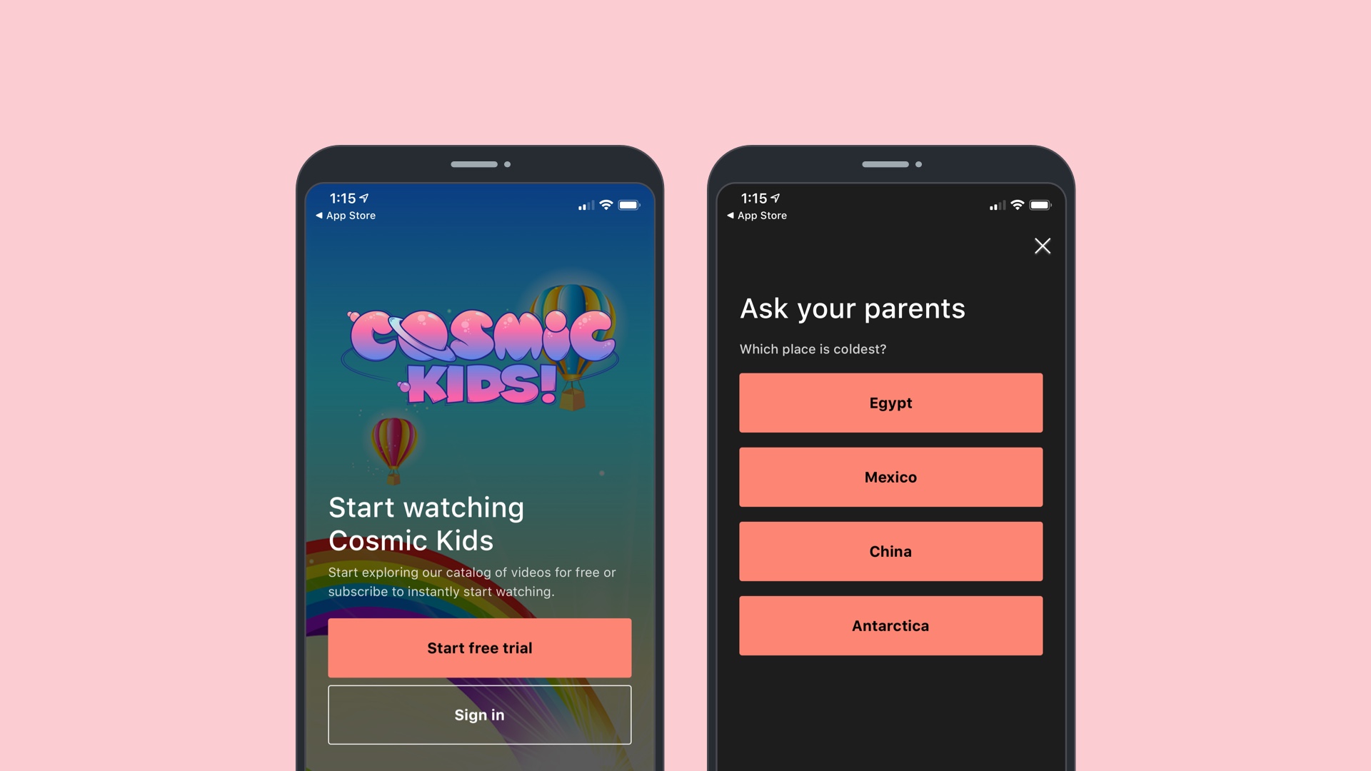 Two mobile devices show screen shots from the Cosmic Kids mobile app.