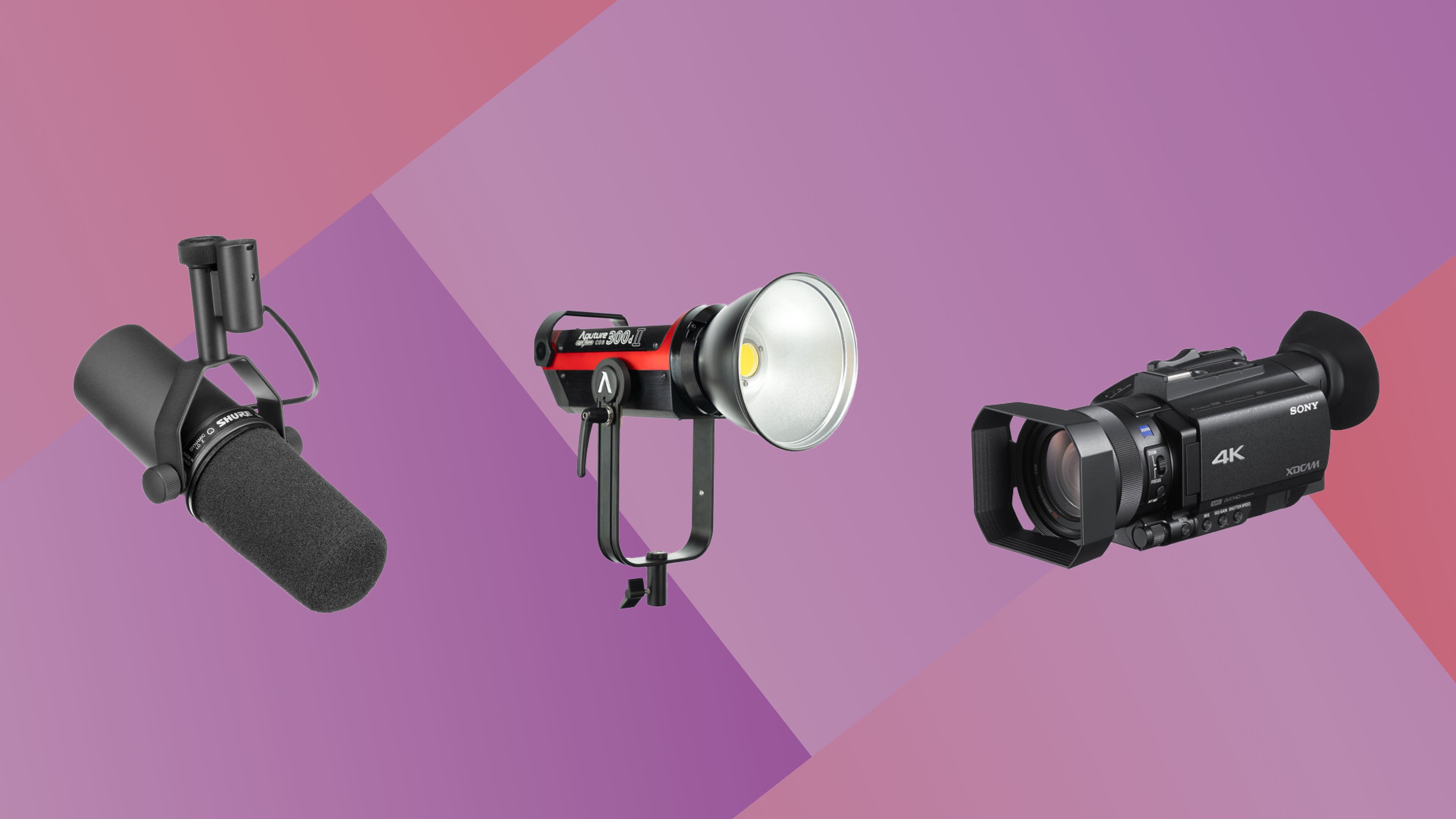 Image of a professional grade light, camera, and microphone Image of a professional grade light, camera, and microphone