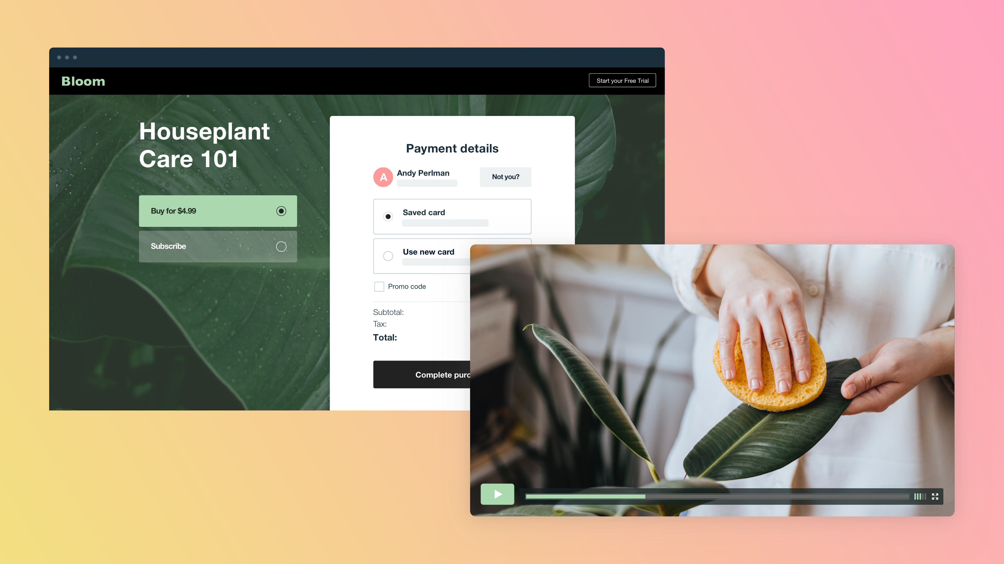 Two separate windows show a payment window and a streaming video on an OTT channel about house plants. Two separate windows show a payment window and a streaming video on an OTT channel about house plants.