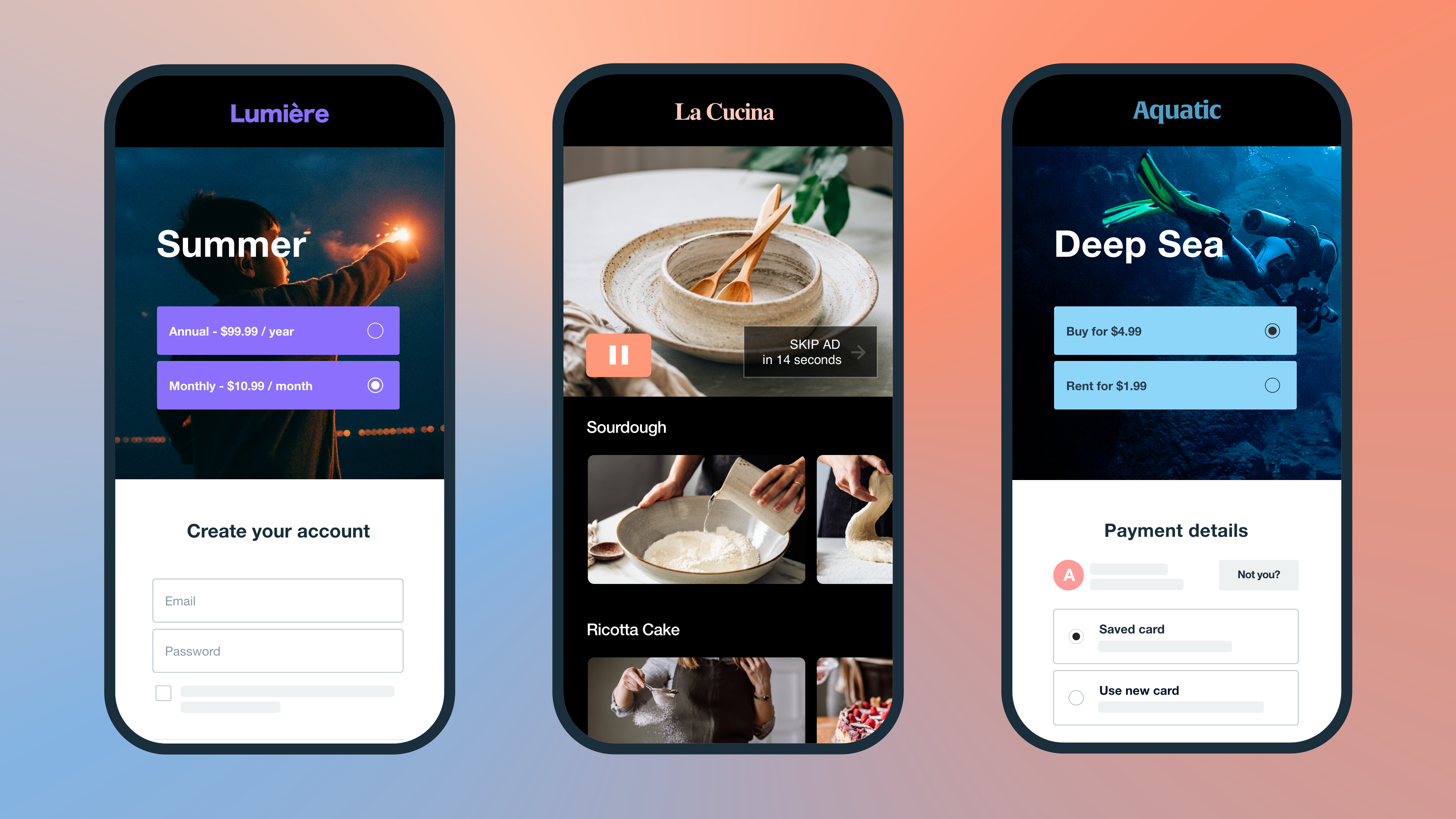 Three smartphones show three types of video monetization models: Subscription, ad-based, and transactional video Three smartphones show three types of video monetization models: Subscription, ad-based, and transactional video