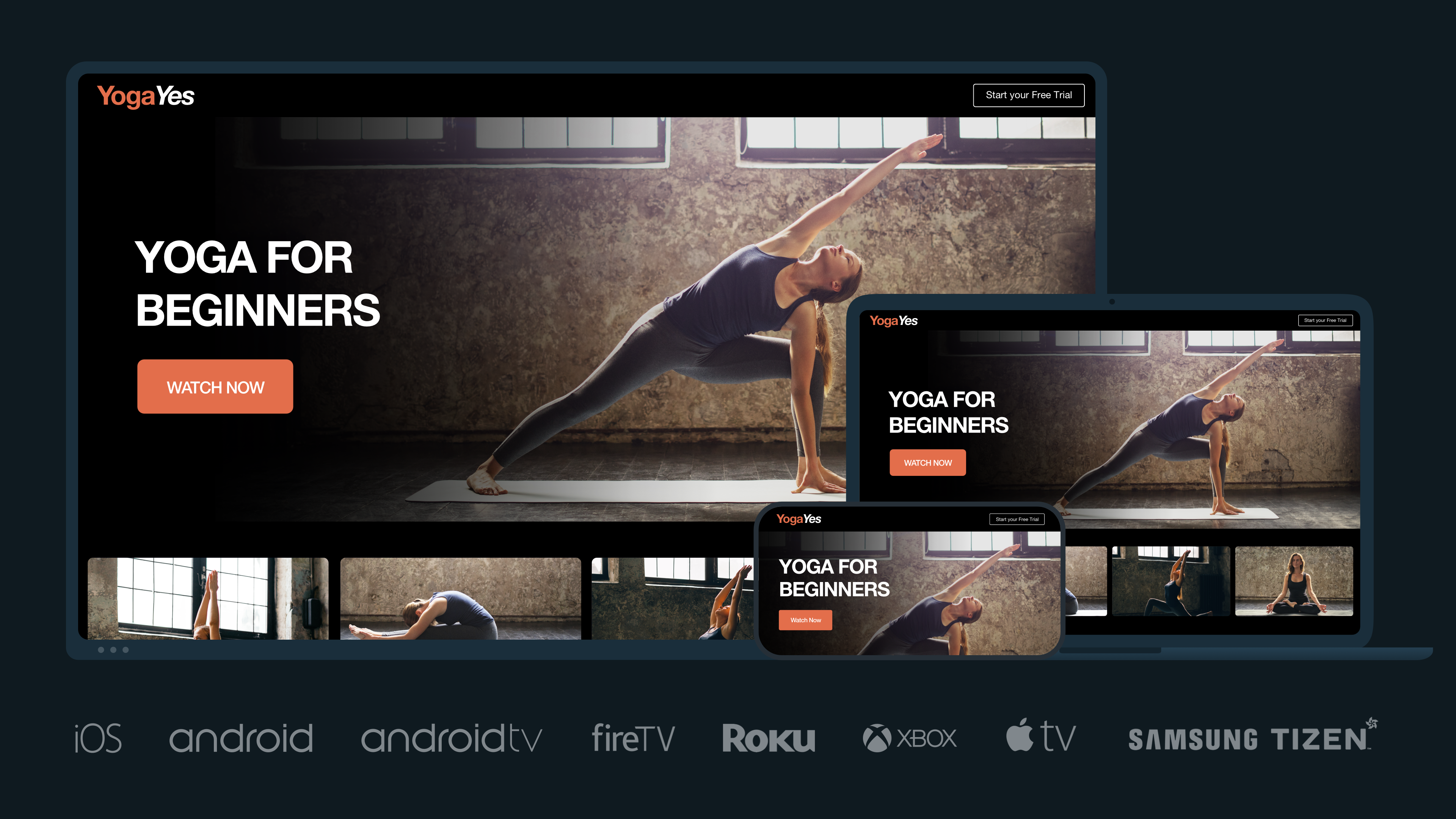 A web and mobile-based OTT streaming yoga app, with logos of different app-based streaming services below. A web and mobile-based OTT streaming yoga app, with logos of different app-based streaming services below.