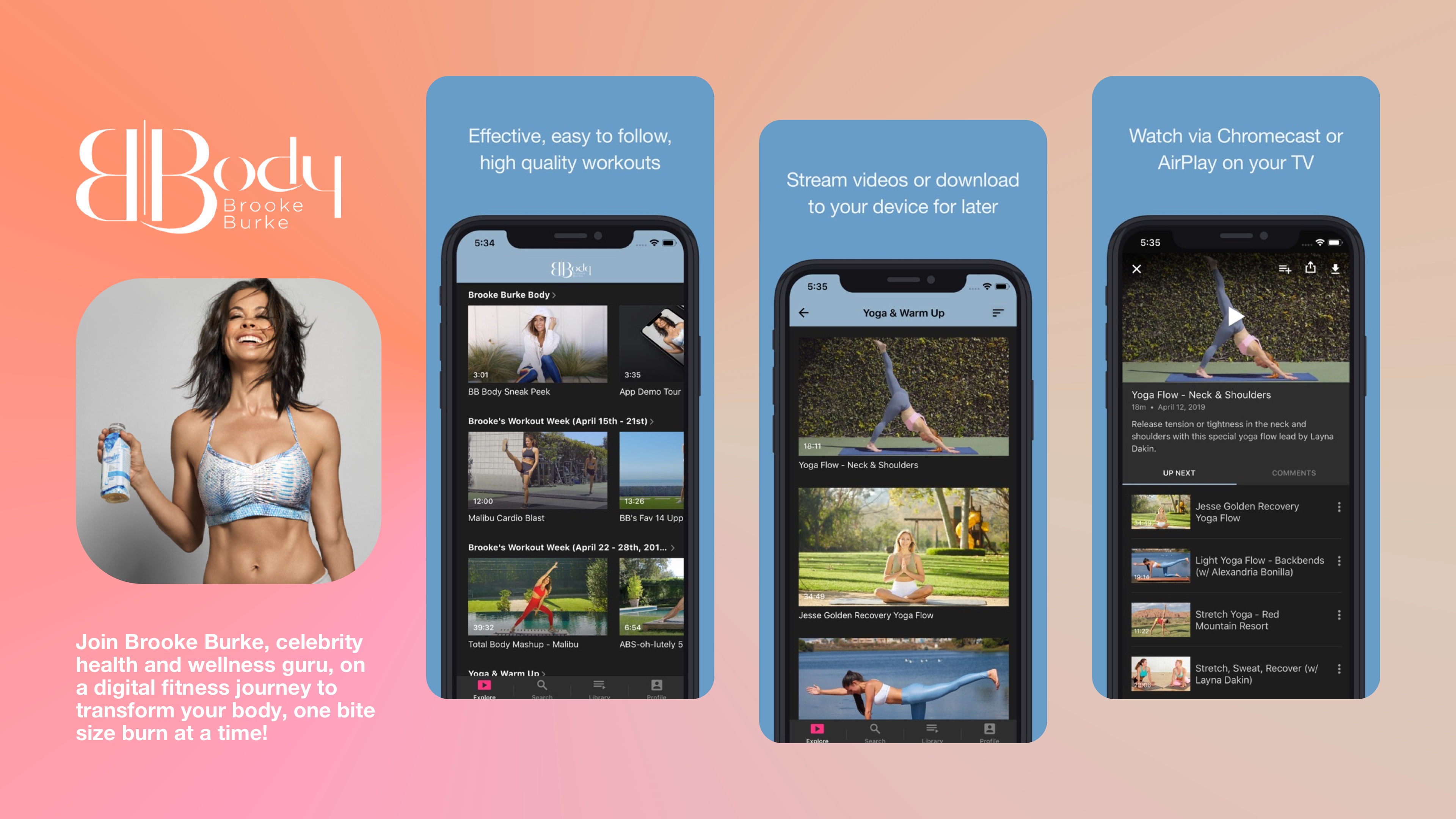 Various components of the Brooke Burke Body app, including the app icon, and screen shots of its app store listing.