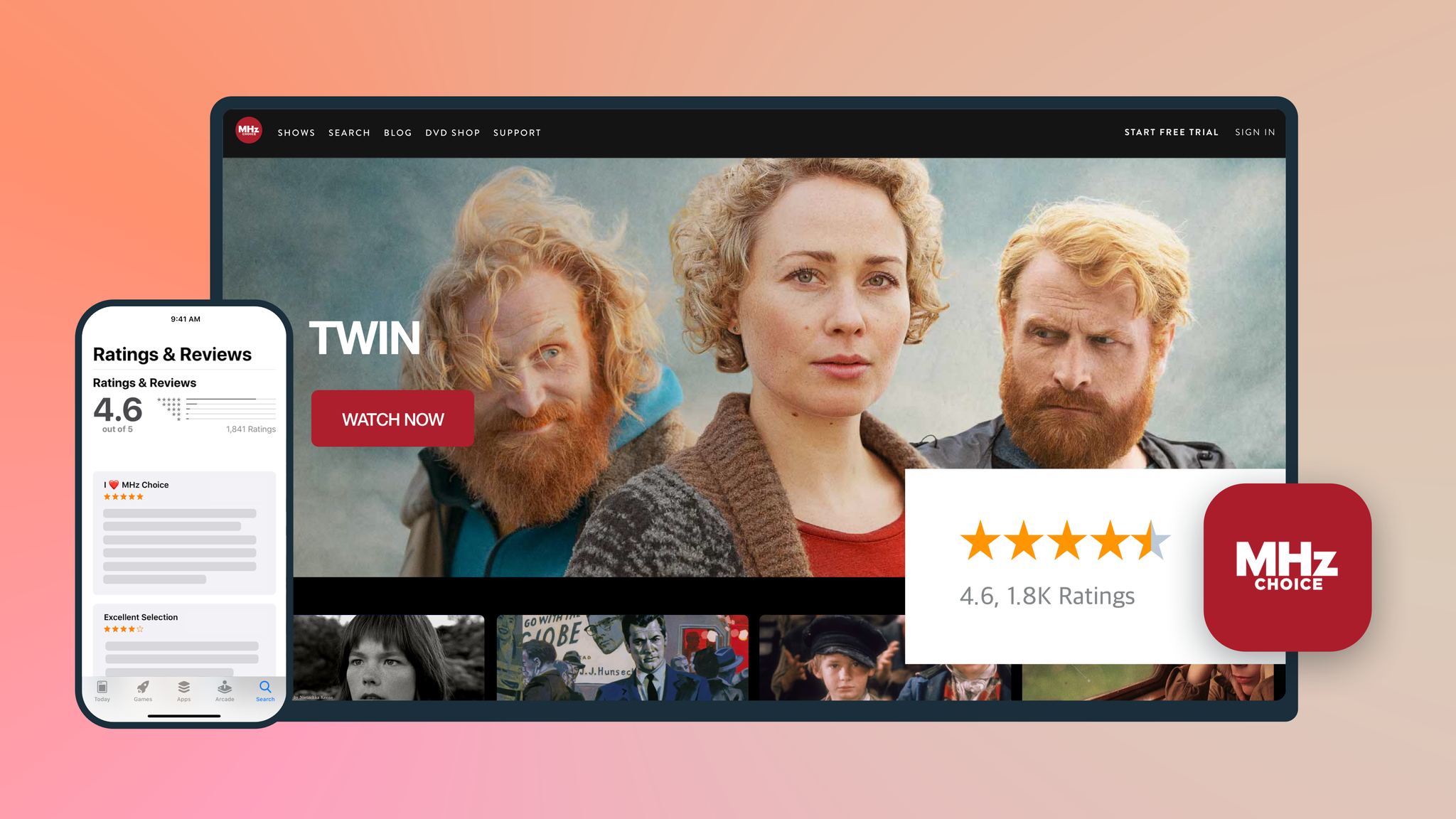 An image of an app store review for MHz Choice, an OTT streaming platform.
