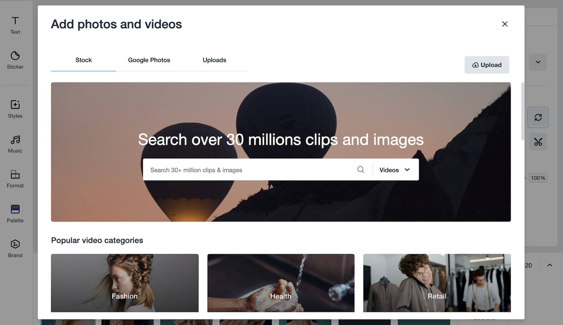 Vimeo Create "add media" page to upload assets or search through stock video Vimeo Create "add media" page to upload assets or search through stock video