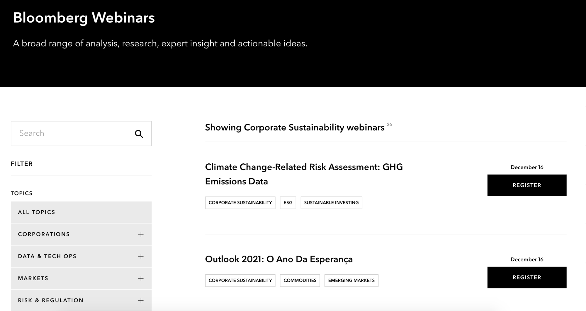 Screenshot of Bloomberg webinar series dived by topic