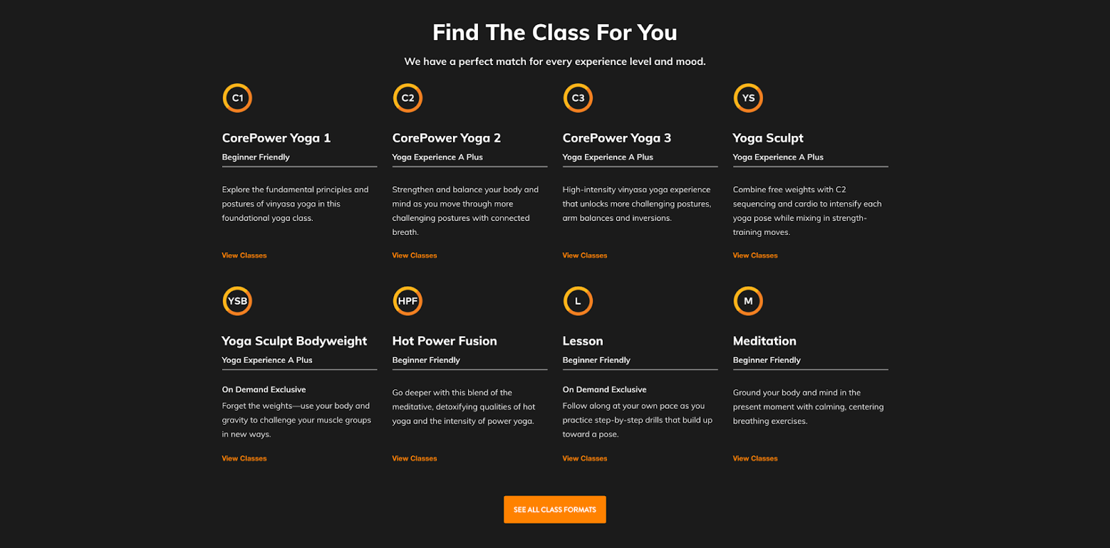 Corepower Yoga class offerings.