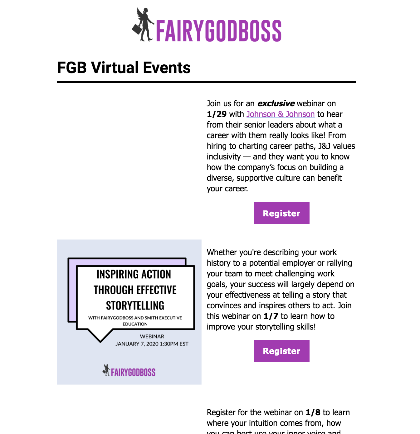 Webinar invitation example from Fairygodboss with great graphics and a clear CTA. Webinar invitation example from Fairygodboss with great graphics and a clear CTA.