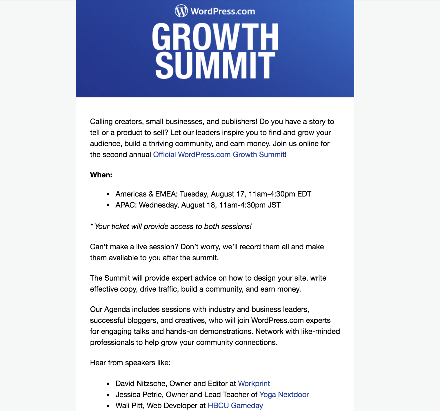 Webinar invitation example from WordPress Growth Summit event in 2021. Webinar invitation example from WordPress Growth Summit event in 2021.
