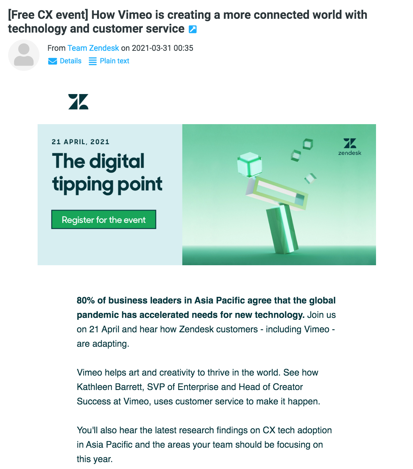 Webinar invitation email example from Zendesk. Webinar invitation email example from Zendesk.