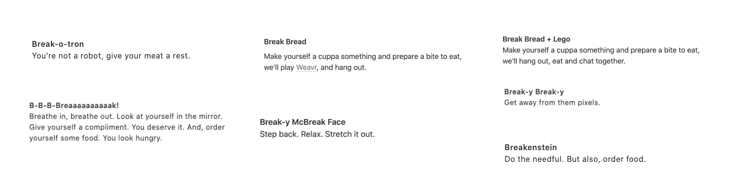 Examples of virtual activities from Parabol