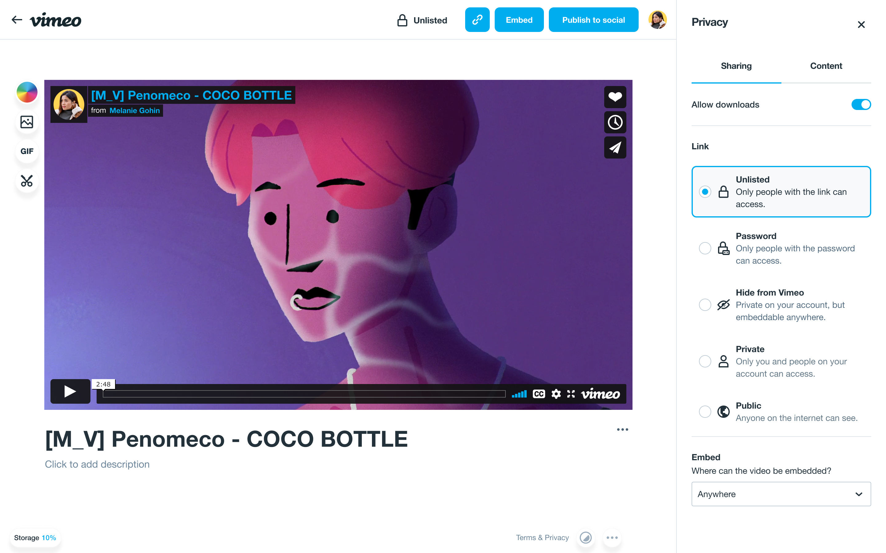 Privacy settings available to users of the Vimeo platform