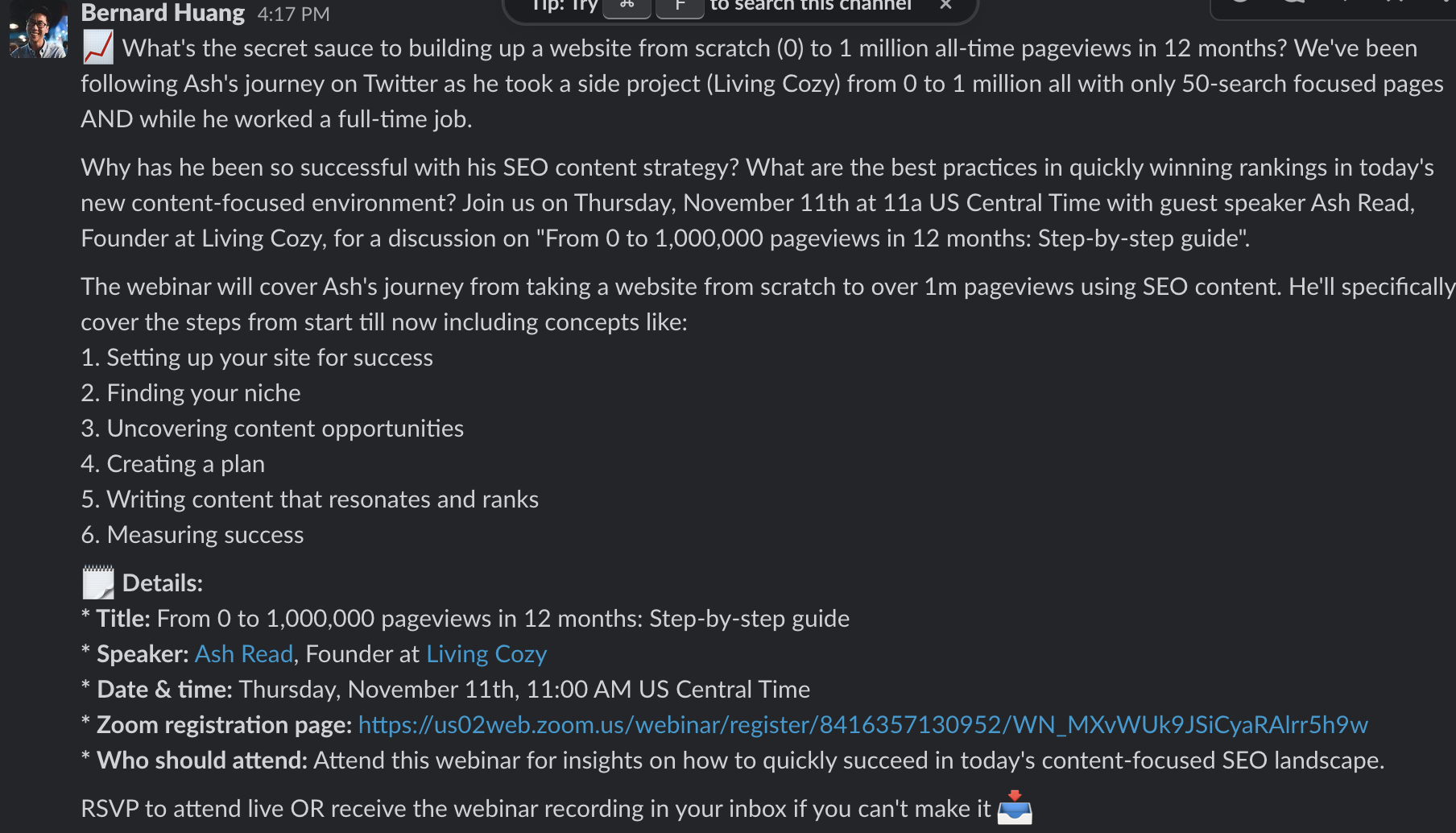 screen shot of a Slack with the micro event invite details screen shot of a Slack with the micro event invite details