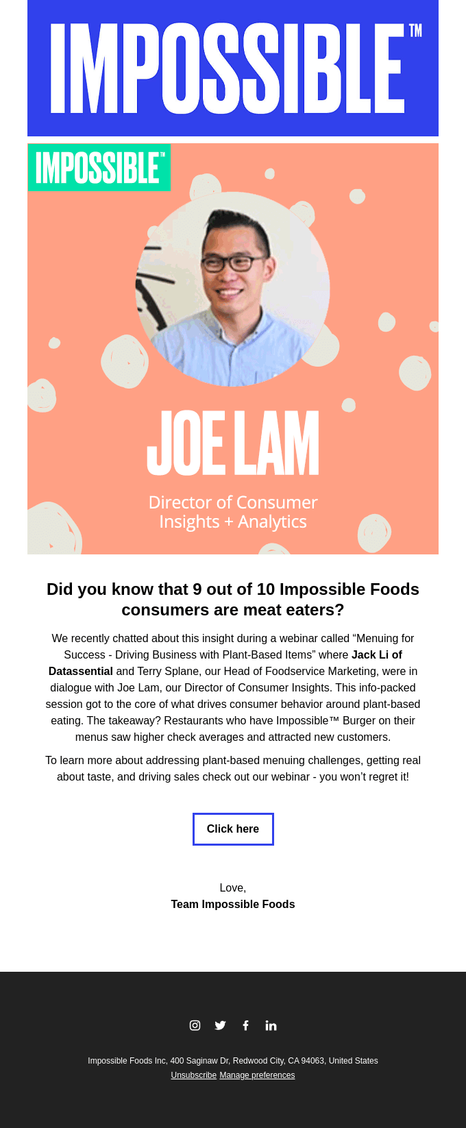 Impossible Foods email invite example Impossible Foods email invite example