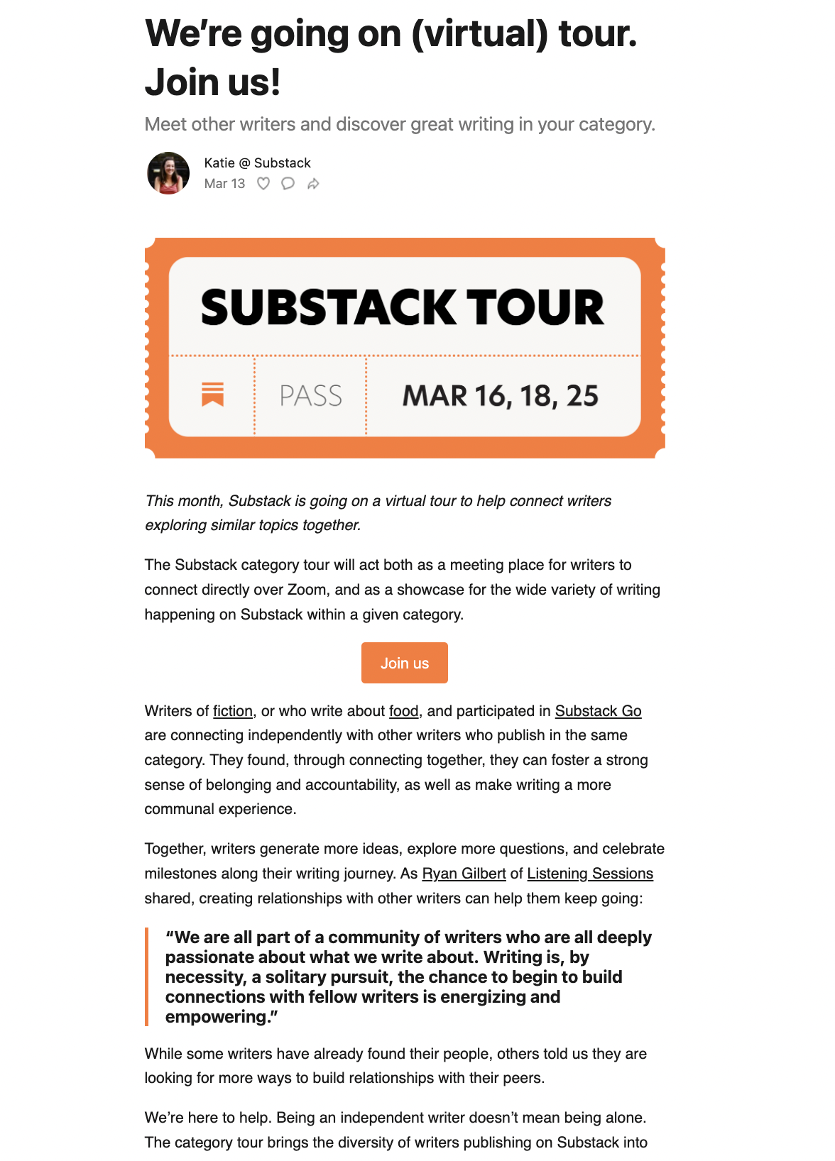 Substack Tour email invite example Substack Tour email invite example
