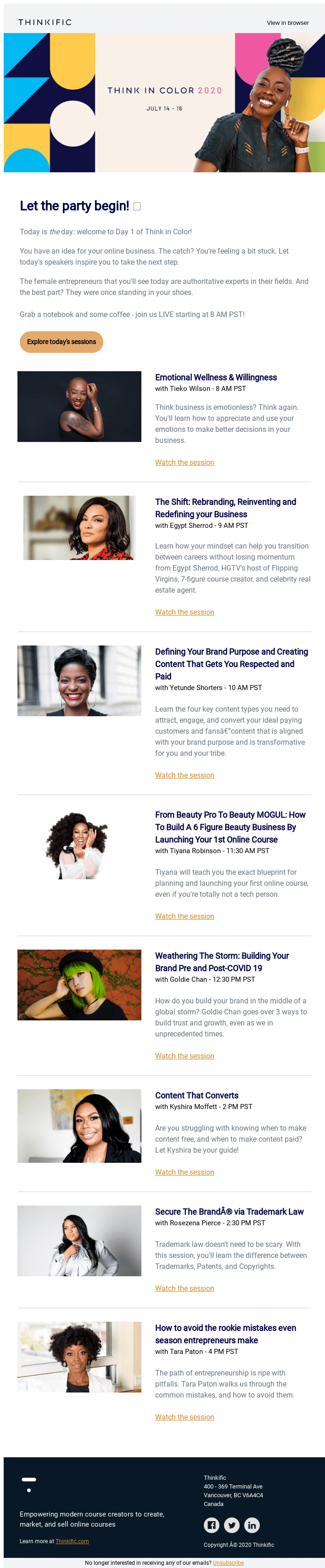 Example event email with multiple sessions from Thinkific Example event email with multiple sessions from Thinkific