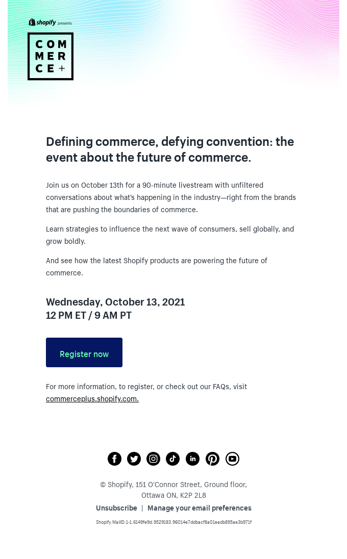 Example invite email from Shopify's Commerce+ event Example invite email from Shopify's Commerce+ event