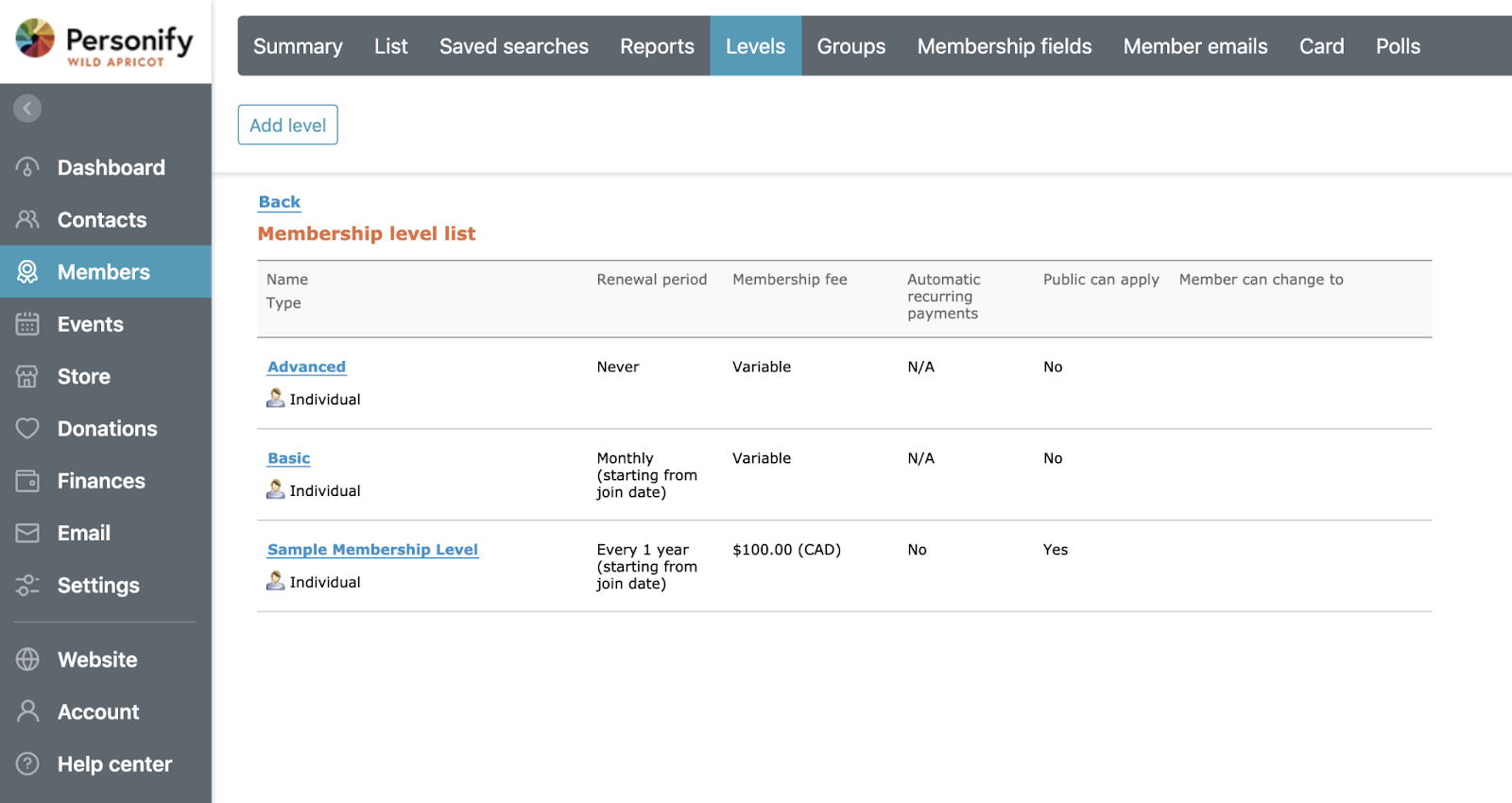 Screenshot of Personify Wild Apricot user UI Screenshot of Personify Wild Apricot user UI