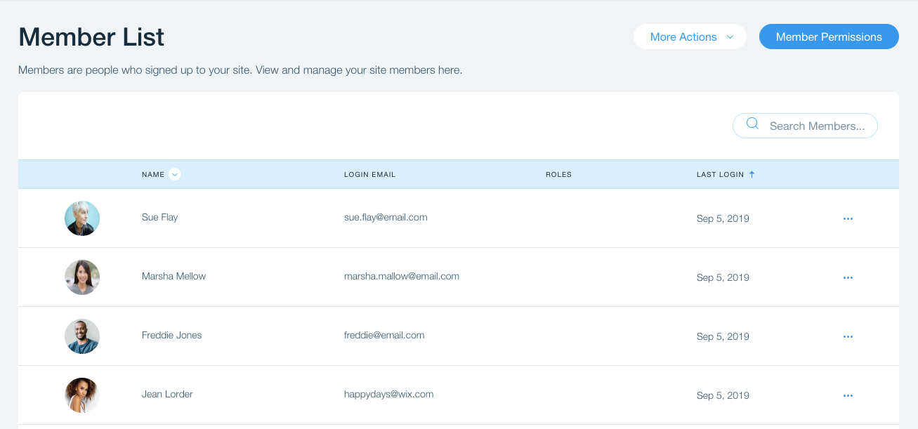 Screenshot of Wix membership platform UX including report with subscribers. Screenshot of Wix membership platform UX including report with subscribers.