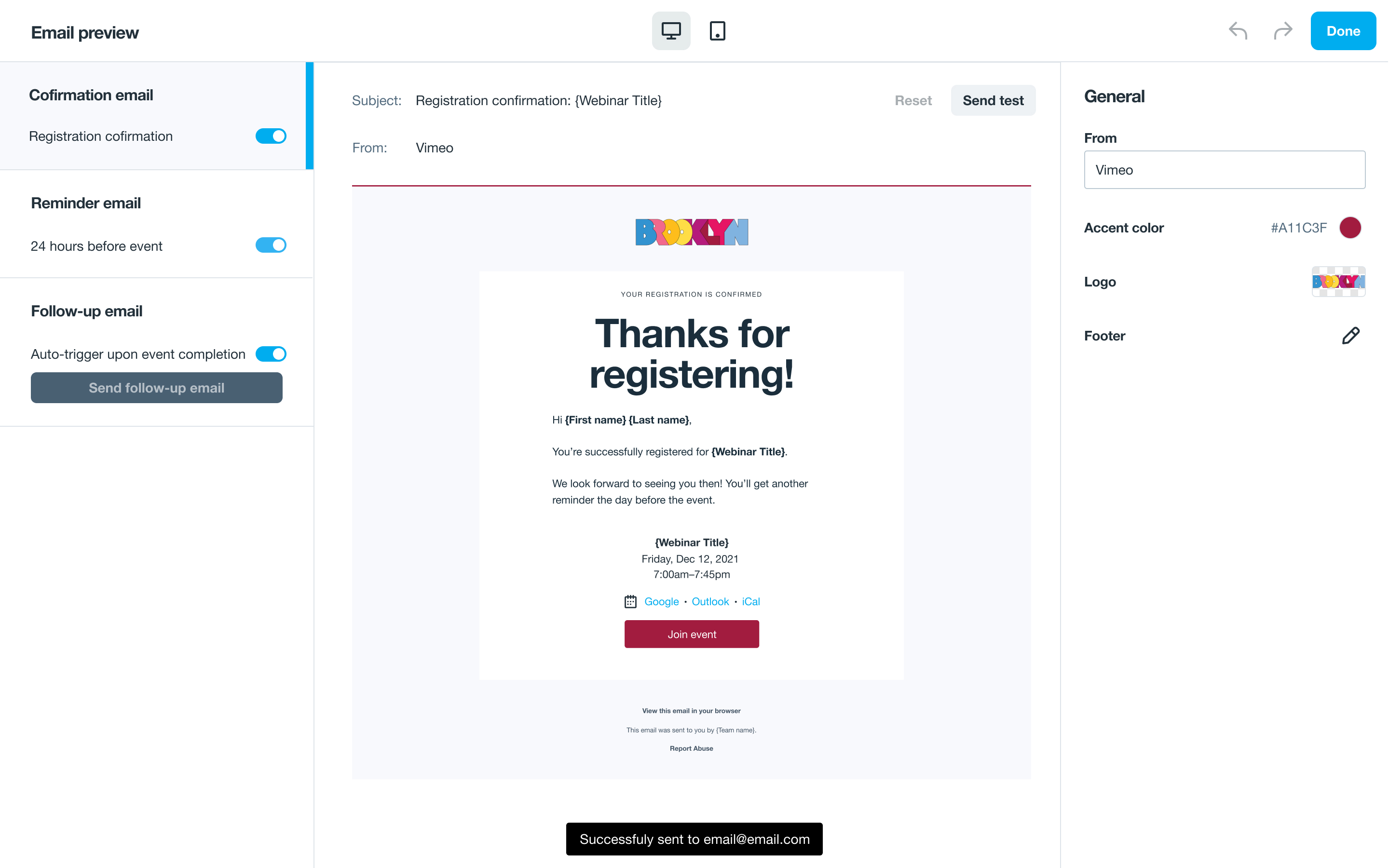 Example of customizable email templates with Vimeo events Example of customizable email templates with Vimeo events