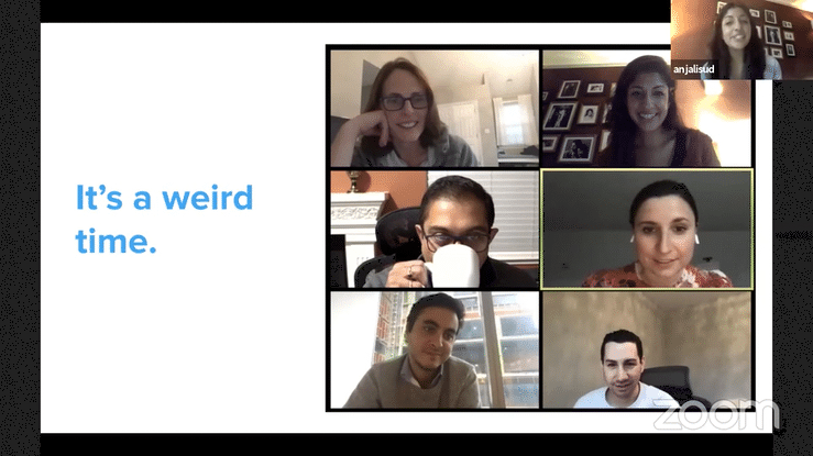 GIF of Anjali and the Vimeo Executive Leadership team during the pandemic GIF of Anjali and the Vimeo Executive Leadership team during the pandemic