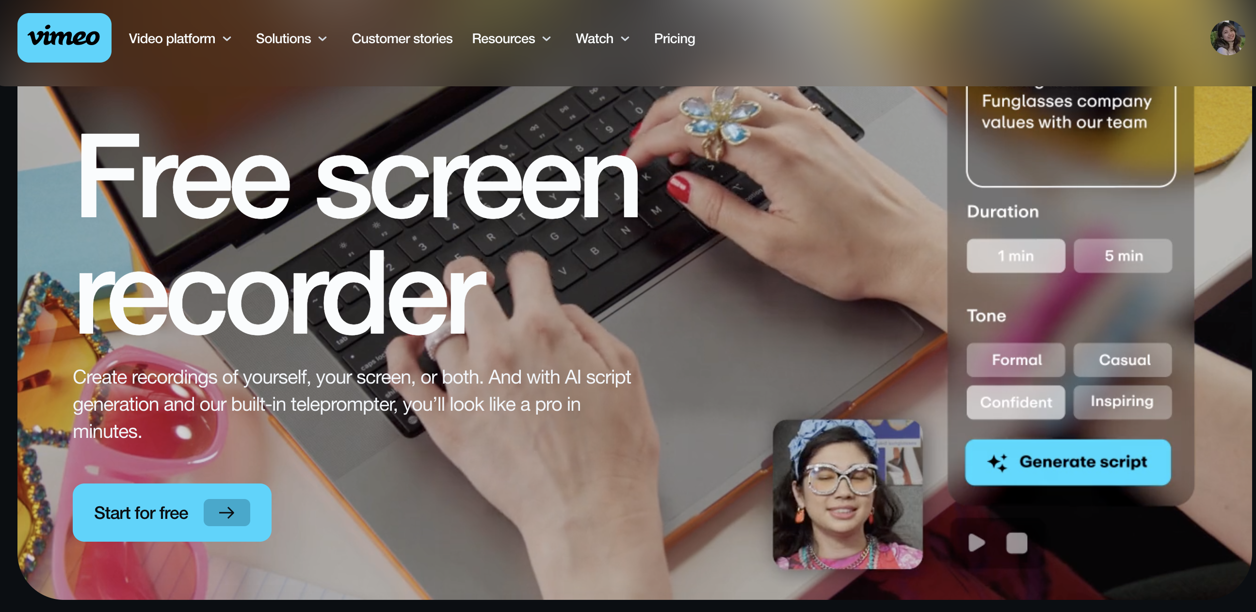 Vimeo screen recorder landing page