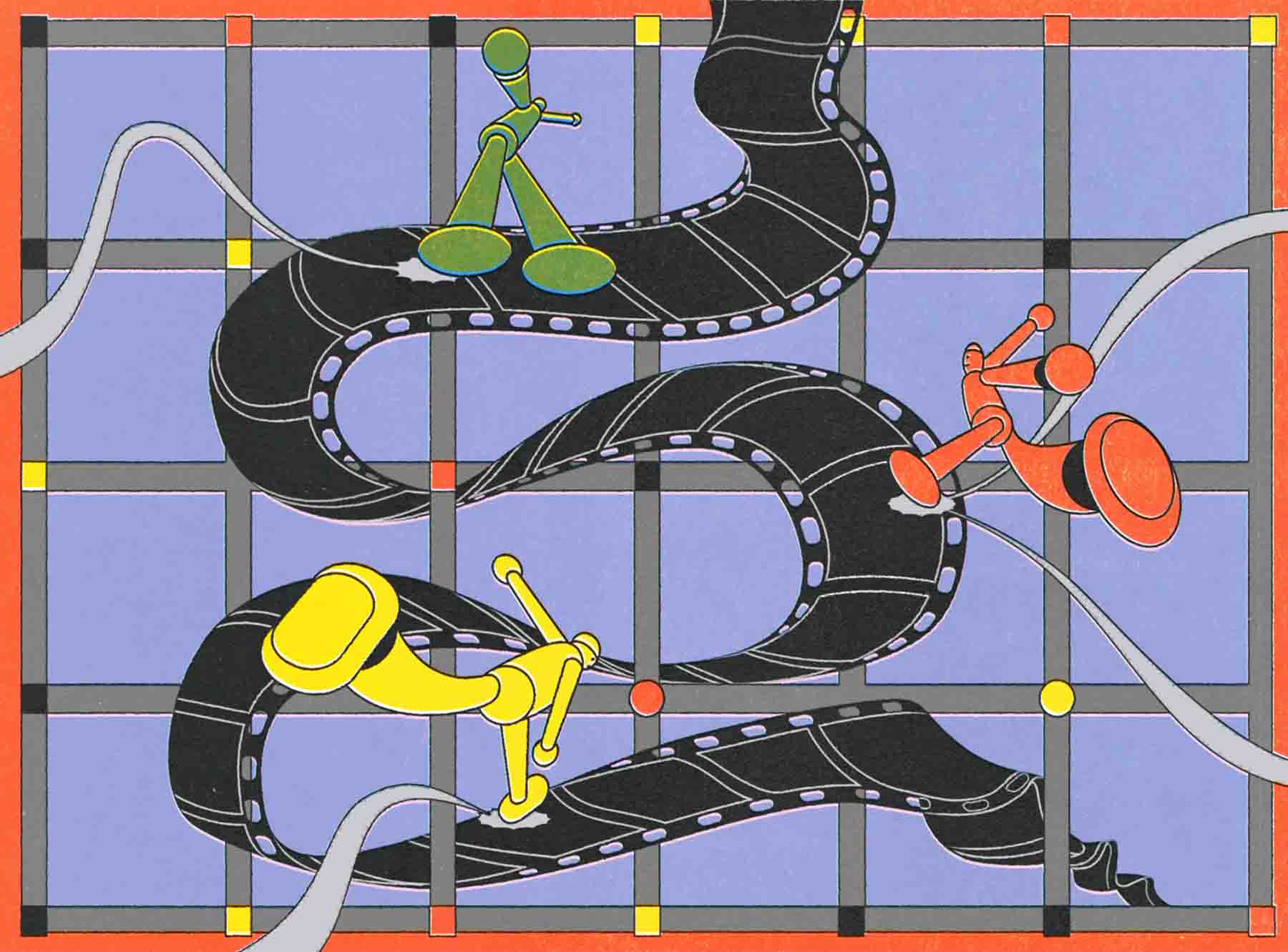 illustration of robots walking along a film strip