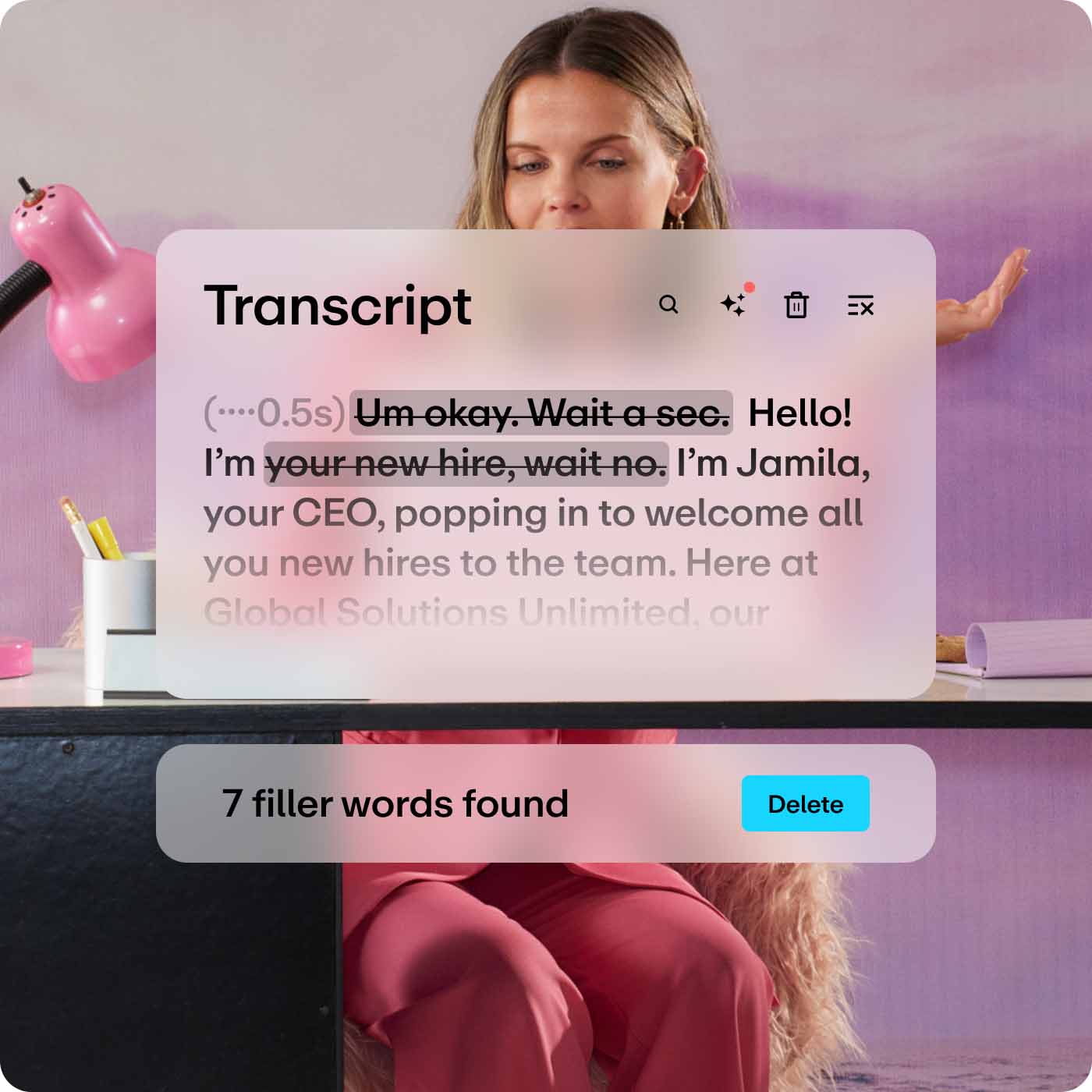 Vimeo's text-based editing imposed over a woman in a pink suit Vimeo's text-based editing imposed over a woman in a pink suit