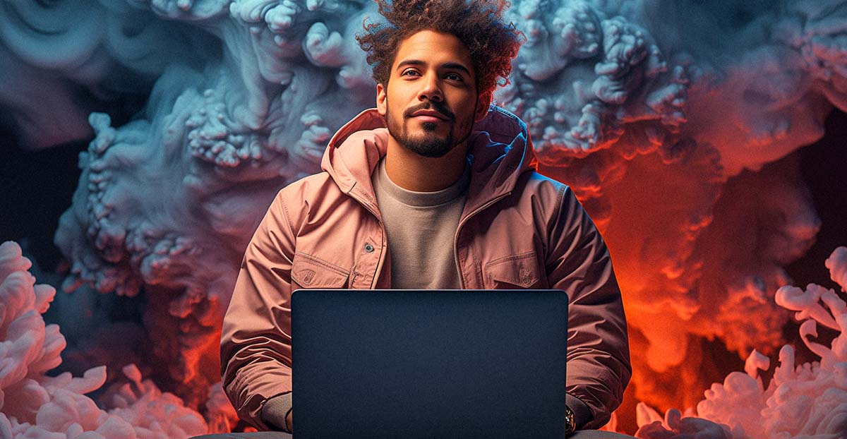 AI-generated image of guy in a pink jacket working at a laptop with swirling, cloudy background