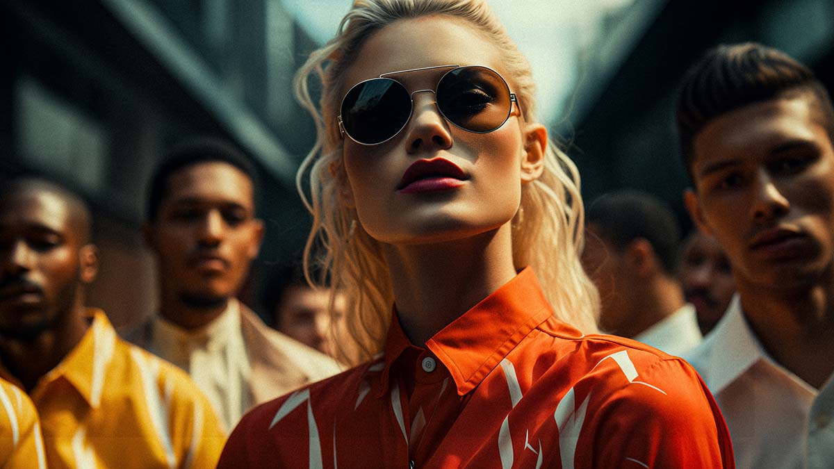 AI-generated image of a blonde woman wearing sunglasses and an orange jacket