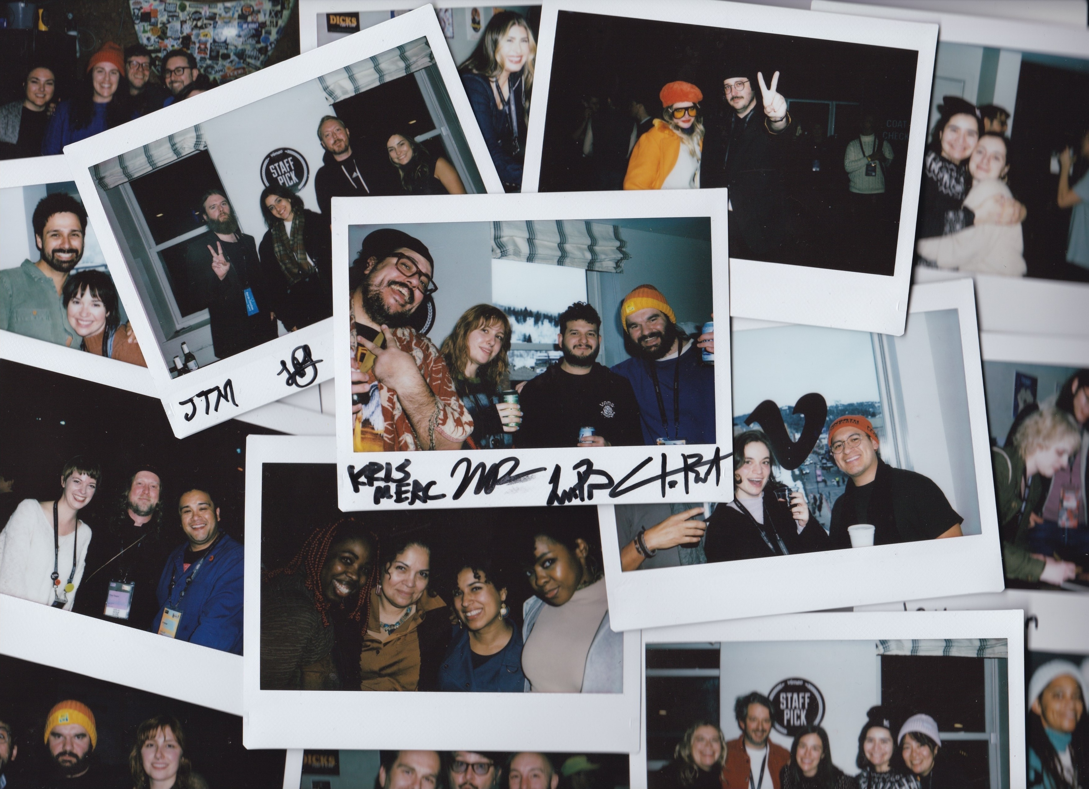 Stack of signed polaroid photographs featuring filmmakers from the 2024 Sundance Film Festival