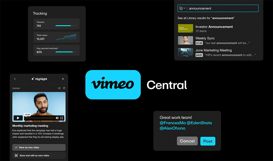 Introducing: Vimeo Central, a New Searchable AI Video Hub Vimeo's AI-powered video hub empowers employees to communicate through video, extract insights into video recaps, and become a more productive team.