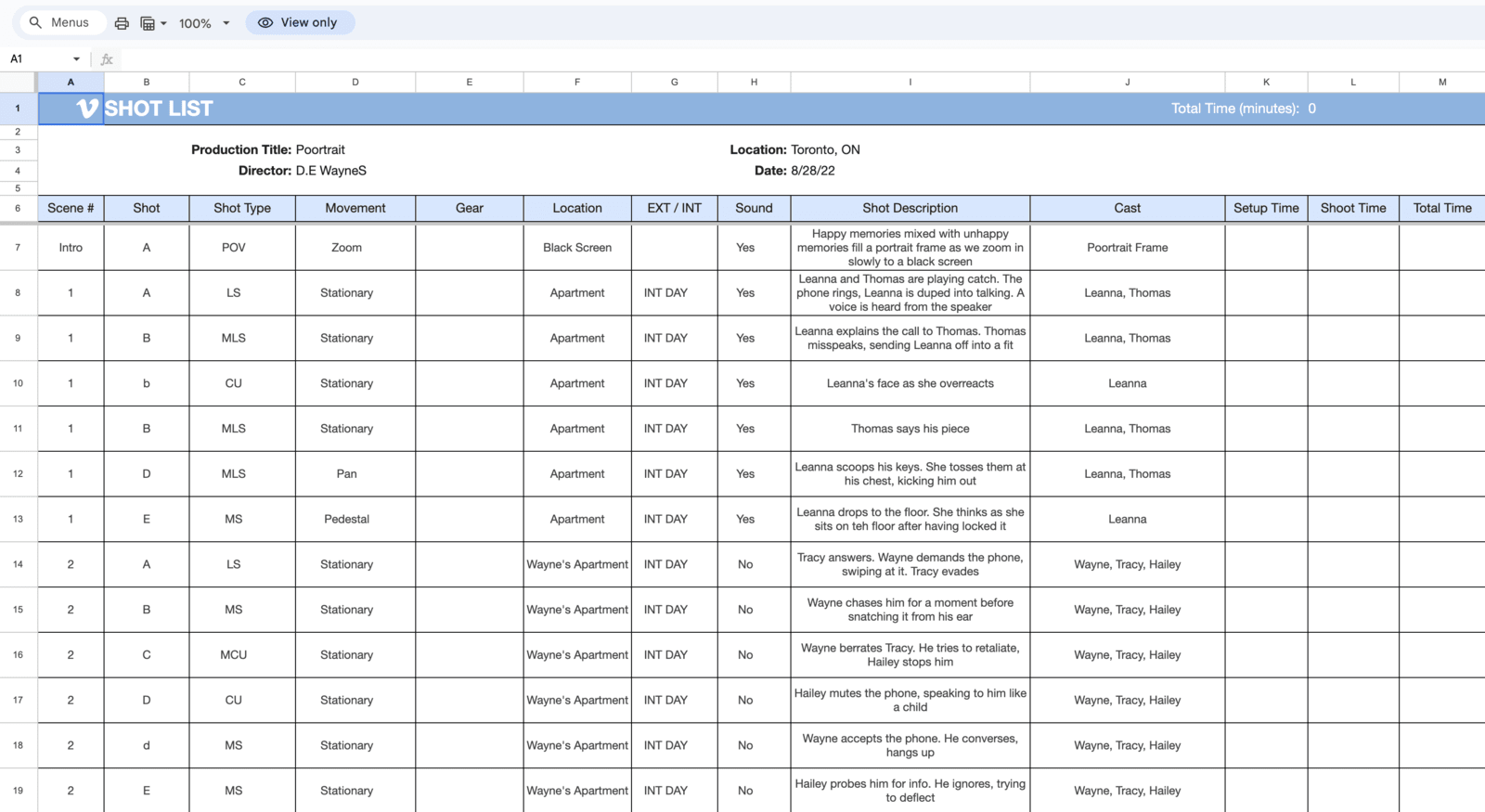 Google Sheets shot list template