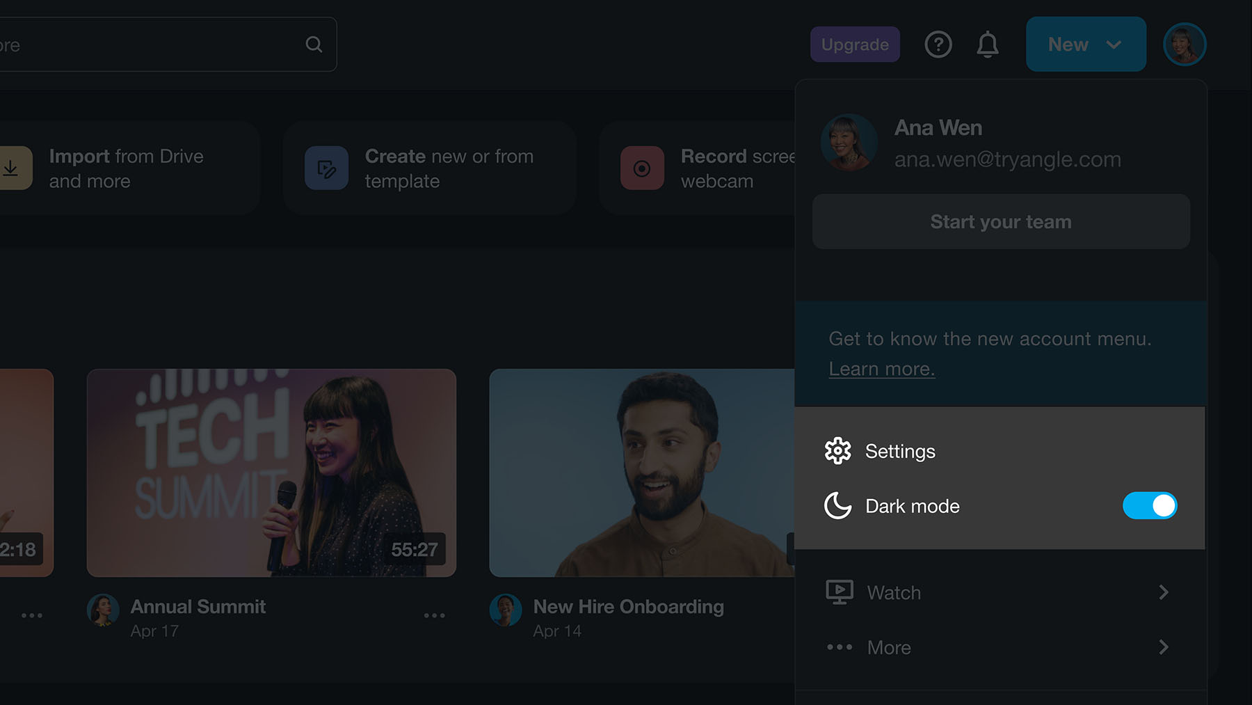 The "dark mode" toggle under settings