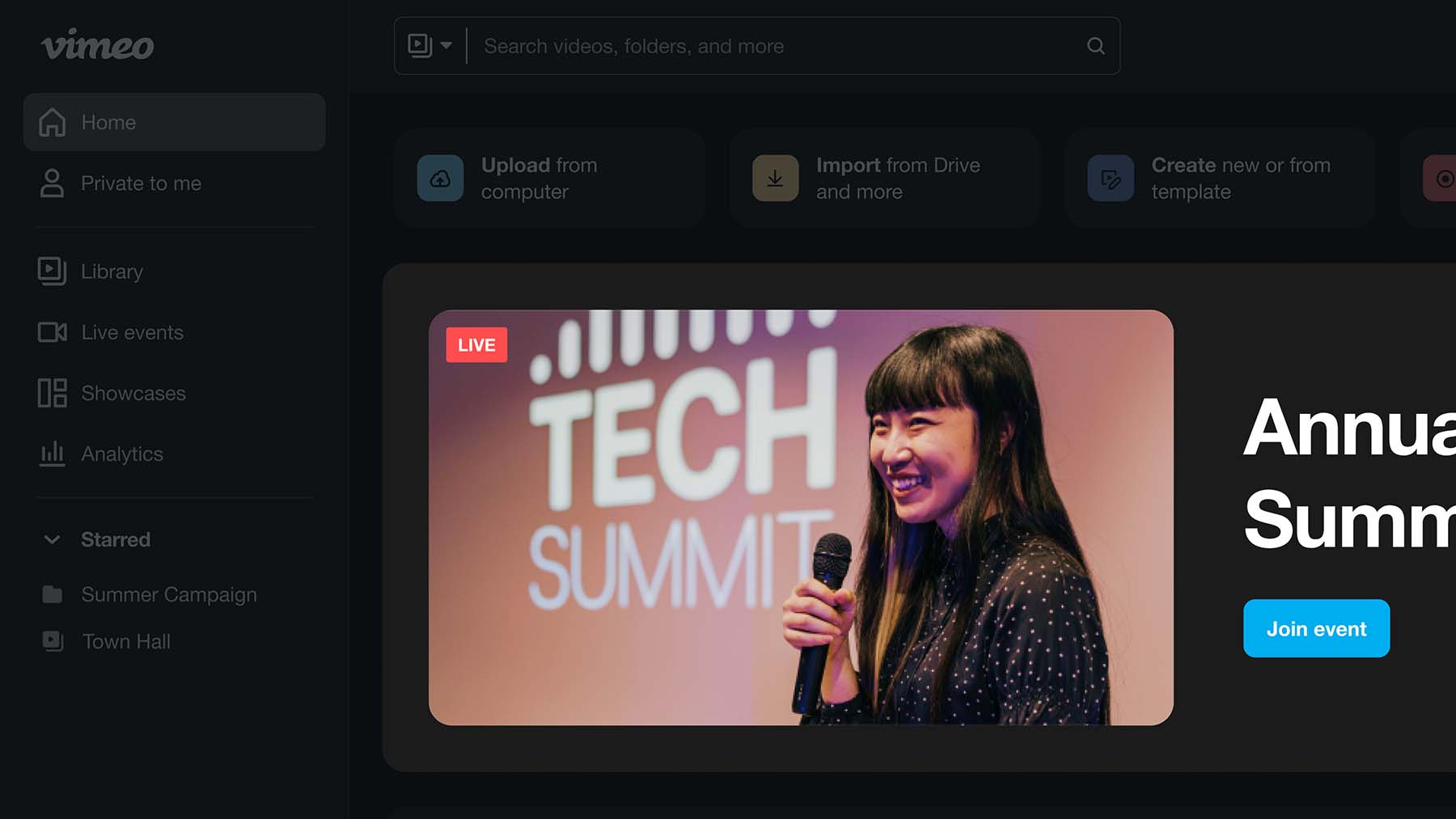 Featured video thumbnail showing a woman smiling and holding a microphone at a tech summit