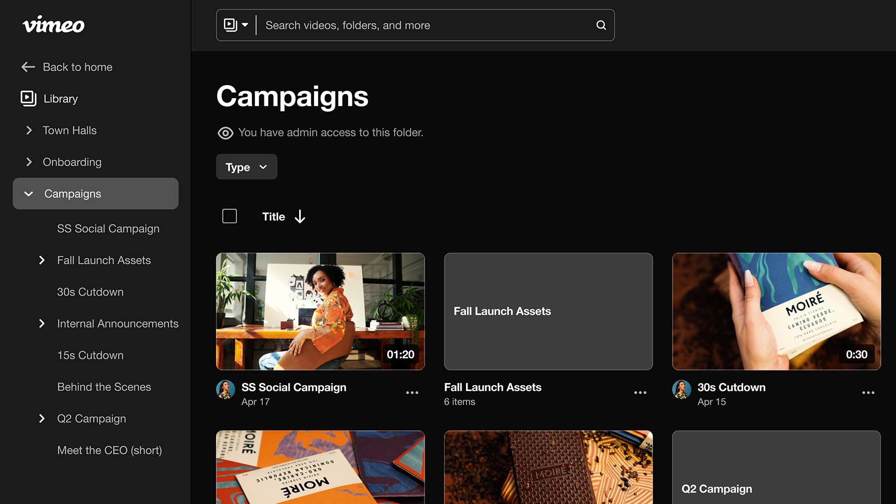 A folder in the homepage Library showing campaigns