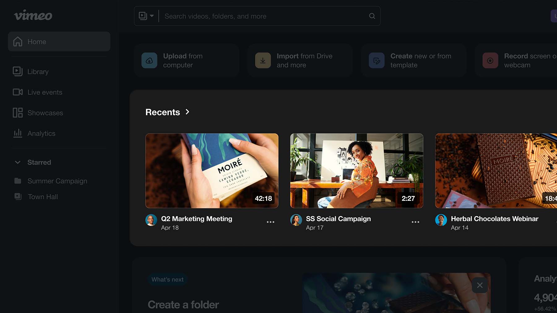 Close-up of the "Recents" feed on the Vimeo homepage