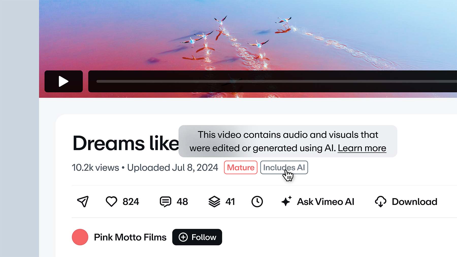 Close up of Vimeo's UI showing the hover state over an "includes AI" button