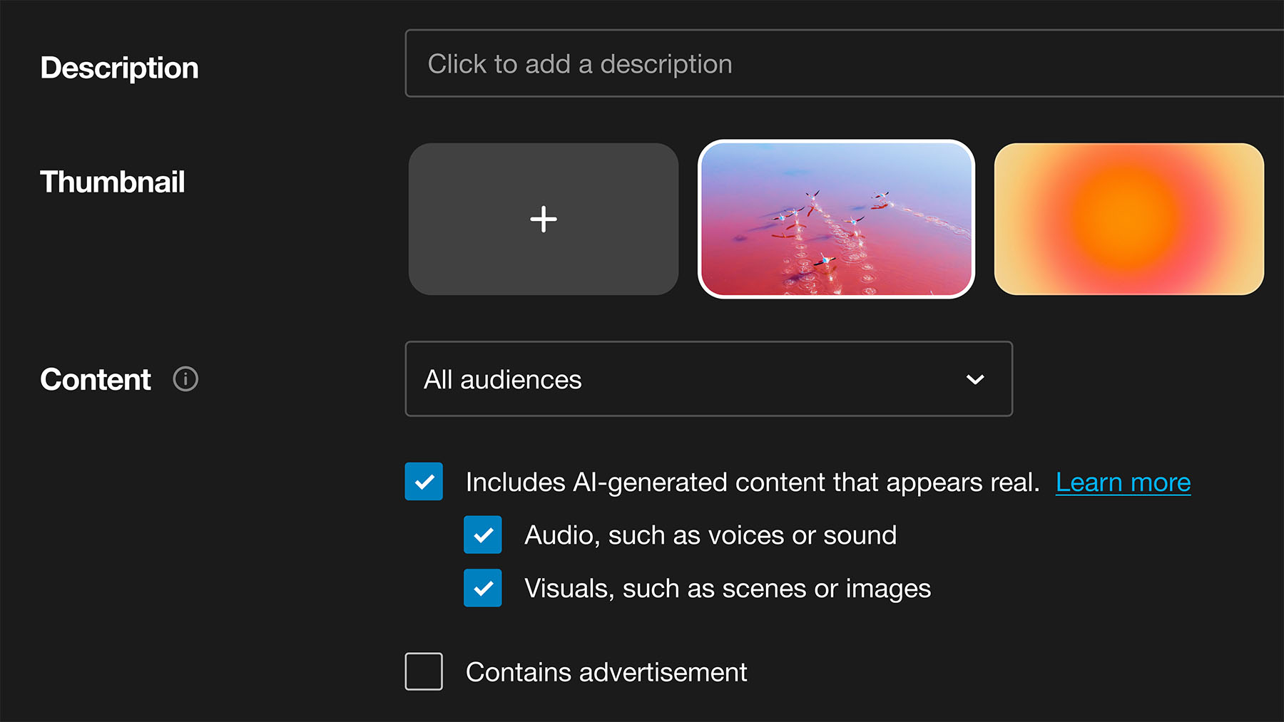 Vimeo's UI showing checkboxes to mark AI-generated content