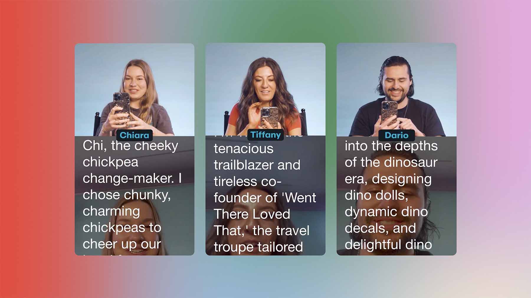 Video stills of three people reading tongue twisters from a teleprompter