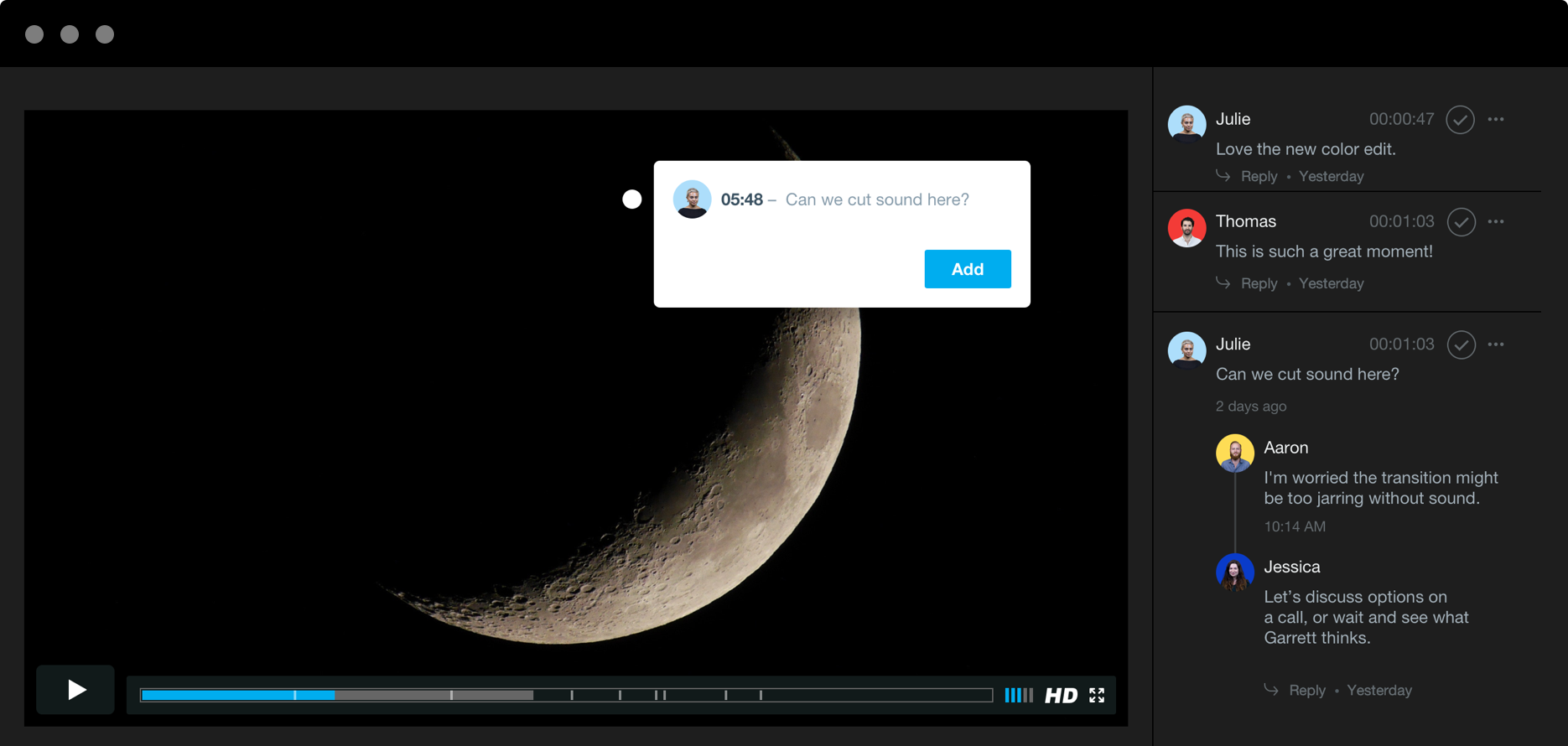 달의 모습이 담긴 영상 클립이 표시되는 리뷰 페이지에 